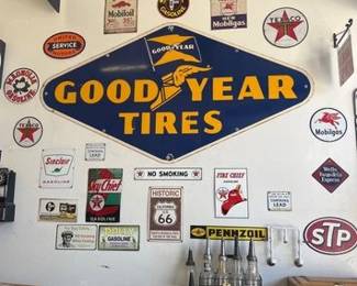 1940 21 Signs NOT INCLUDED Good Year Tires Sign, Oil bottles, Official Garage sign, No smoking Stop...