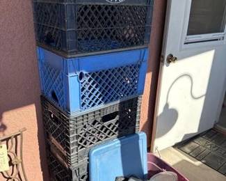 2176 7 Milk Crates and Plastic Tote with Smaller Totes and Rags