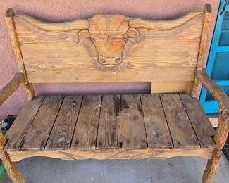 2174 Wooden Carved Bench with Bull