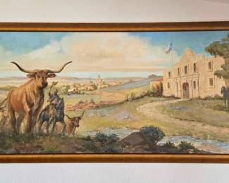 6515 Moving Cattle in Front of Alamo Canvas Framed