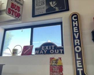 1770 Willie Nelson Concert Poster, Chevrolet Sales and Service sign, bus stop sign and more