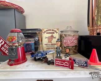 1820 The Busted Knuckle Garage Sign, Jelly Bean machine, Beer Tap Handles, Nascar Figurine and more