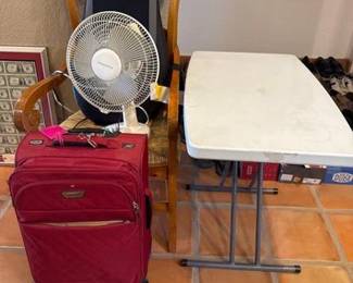 7018 Wooden Chair, Homedics Back Massager, Fan, Suitcase, Table, Wall Decor