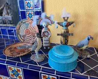 6285 2 Woven Baskets, Kachina Dolls, Urn, and Animal Figurines