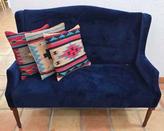 6025 Blue Velvet Loveseat with 3 South Western Style Pillows