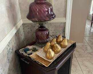Pretty purple glass lamp and  small cabinet 