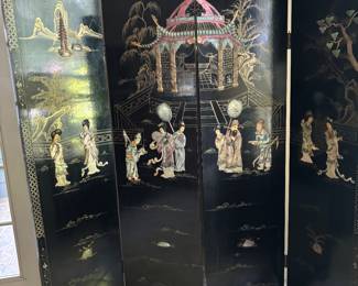 Asian, black lacquer screen/ room divider. Ornate, raised colorful oriental scene. $300