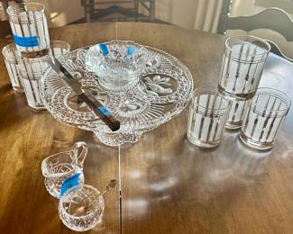 Etched crystal pedestal cake plate, Waterford cream & sugar $10, vintage rocks & highball glasses $5ea