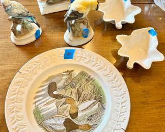 Collector ceramic birds, duck plate, Lenox leaf candy dishes. 