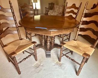 French country vintage ladderback cane seat chairs; 2 arm chairs $125ea; straight back $95 ea
48” round table with (3) 12” leaves $200
