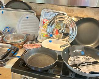 Cast Iron pan $25; new Farberware Teflon 14” skillet $20; Calphalon skillet $20