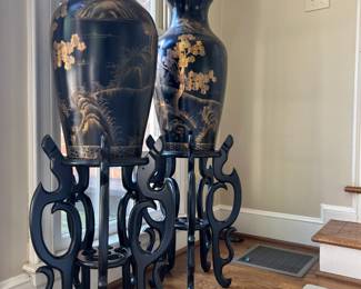 Pair paper mache gilt black lacquer vases