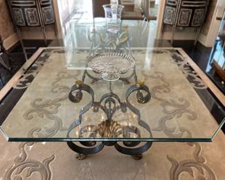 Maitland-Smith scrolled iron and glass dining table