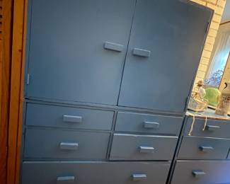 1980's Blue Wooden Wardrobe Dresser W/6 Drawers & Contents.