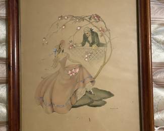 1939 M. Eggemeyer Victorian Courting Scene Hand Colored Print.