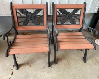2 Cast Iron and Slat Wood Patio Chairs