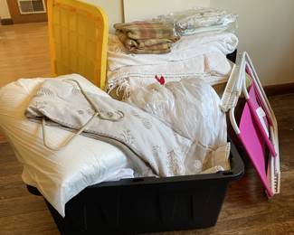 Various Linens, Green Ottoman, & Beach Chair Sheets, Blankets, Chair Pillows, and more.