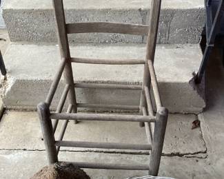 Antiq. Wooden Side Chair & Moss Covered Bird House