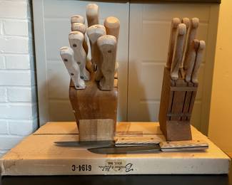 2 VTG Knife Sets W/Blocks and VTG Baribocraft Charcuterie Board Set.
