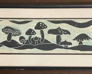 Linocut Print Featuring Stylized Mushrooms & Foliage Titled "March of the Mushrooms" Signed by artist D. Gienn