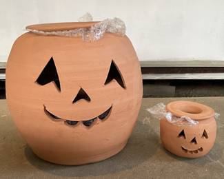 2 Terra Cotta Jack-O-Lantern Planters With Hats