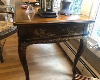 1980s Drexel Bombe Desk Asian Chinoiserie Black Lacquer