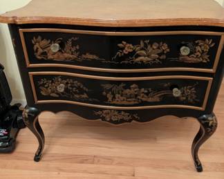 1980s Drexel Bombe Chest Nightstand Asian Chinoiserie Black Lacquer