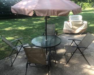 Patio Table with Umbrella, Four Patio Chairs