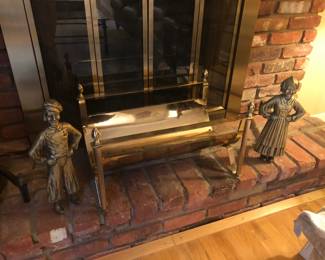 Solid Brass Andirons in shape of Dutch Man & Woman, Brass Log Holder