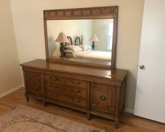 Thomasville Long Chest of Drawers with Matching Mirror (Greek Key Pattern)