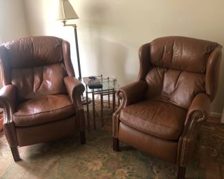 Pair of Bradington Young Brown Leather Recliners with Studded Sides