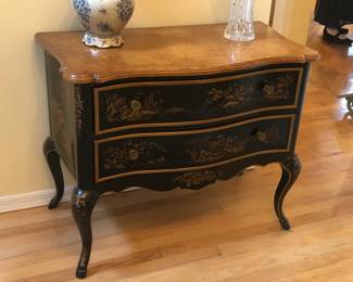 1980s Drexel Bombe Chest Nightstand Asian Chinoiserie Black Lacquer