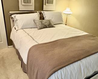 Queen size bed, mattress and high end bedding. 
