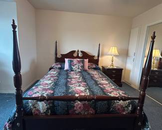 Queen four post bed, mattress, box spring (sold together), nightstand, lamp, linens