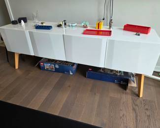 CB2 Alba White Lacquer Credenza 28” tall, 78.75” wide, 20” deep.