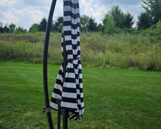 Westin Outdoor Bayshore 10’ Hanging Offset Cantilever Patio Umbrella with easy crank, lift, weights, blue/white stripes. overall 102” tall, 120” wide, 120” deep