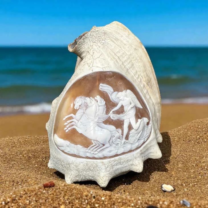 1850 Cameo Shell, Grecian Horse Chariot Scene, Purchased at Landsberg Son London
