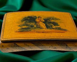 Circa 1850 Penwork Wooden Snuff box Lady In Garden 