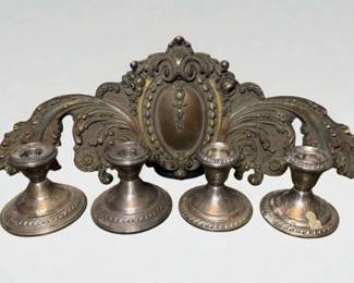Antique French Bronze Pediment Sterling Candle Holders