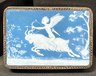 Ceramic Lidded Box Cupid With Arrow Riding A Goat