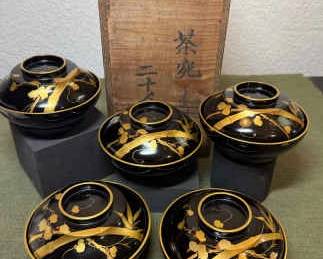 Urushi MakiE Lidded RiceSoup Bowls, Japan, 1920s