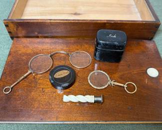 Antique Barley Twist Seal Stamp, Wood Paper Box, Travel Ink Well, Pair of Lorgnettes