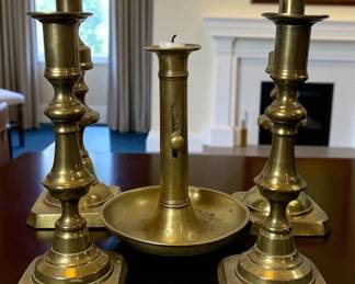 Five Antique English Brass Candle Sticks 