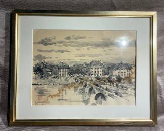 1978 Artist Signed Asian Ink Painting Depicting Saumur in Western France