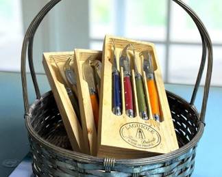 Silver Woven Basket And Laguiole Cheese Knives