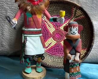 Native American Hopi Katsina Figurines And Woven Basket