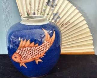Chinese Ca. 1850 Cobalt Blue Porcelain Circling Fish Ginger Jar 
