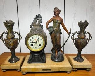 Antique French Figural Marble Palace Mantel Clock Garniture Set