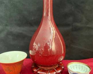 Chinese Sang De Boeuf Bottle Vase, Katana Japanese Sake Cups 