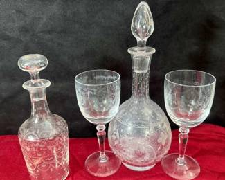 French Etched Crystal Demi Decanter, Cordials, Oil Bottle